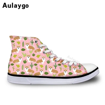 

Aulaygo Cute Cartoon Corgi Pattern Flat Boy Shoes Kids High Top Sneakers for Children Girls Lace up Canvas Running Sneaker New
