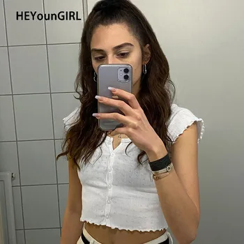 

HEYounGIRL White Casual Buttons Cropped Tshirt Women Basic Korean Fashion Ruffles T Shirt Crop Top Summer White Tee Shirt Top
