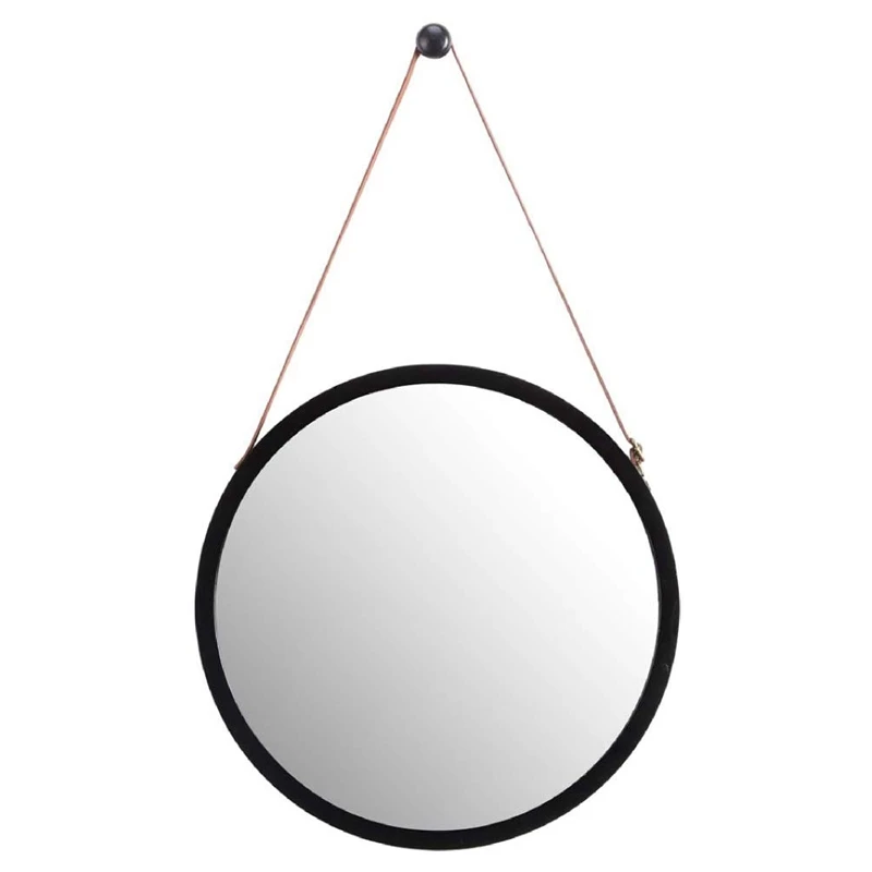 

Hanging Round Wall Mirror in Bathroom & Bedroom - Solid Bamboo Frame & Adjustable Leather Strap (Black, 15 Inch)