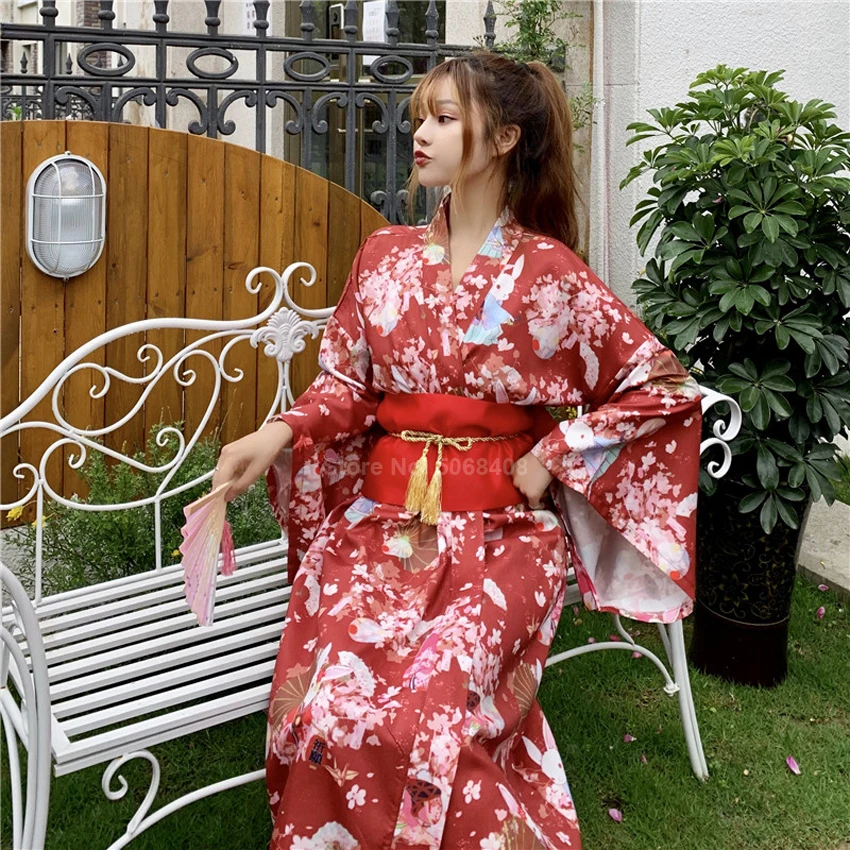 Traditional Cute Kimono Dress for Women Japanese New Year Long Sleeve Vintage Yukata with Belt Girls Kawaii Furisode Performance