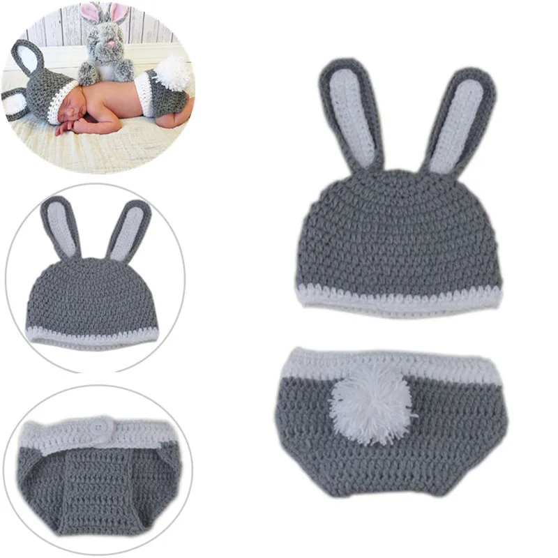 2pcs/set Newborn Photography Costume Baby Handmade Crochet Knitted Photo Props Rabbit Hat And Diaper Cover | Мать и ребенок