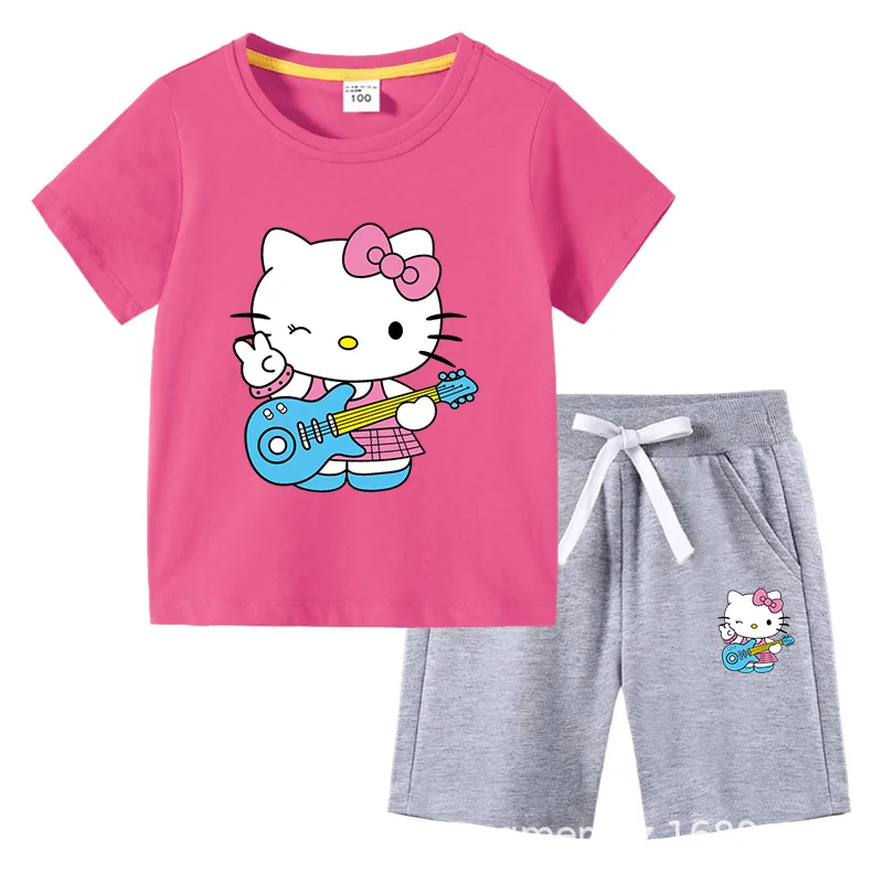 thumbnail image 1 of Hello Kitty verano niños pequeños de algodón de manga corta camiseta traje niños pantalones cortos de manga corta conjunto de dos piezas ropa para niños, 1 of 4