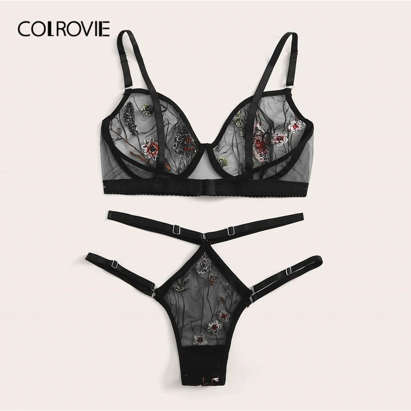 COLROVIE комплект нижнего белья на косточках с цветочной вышивкой, женское Прозрачное нижнее белье, сексуальные комплекты, цветочный бюстгальтер и стринги, Женский комплект с бюстгальтером
