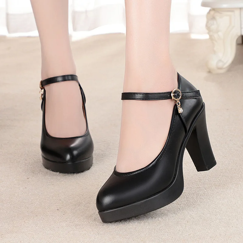 

New Square High Heels Women Pumps Pointed Toe PU Leather Shallow Platform Wedding Party Shoes Black White Chaussures Femme687