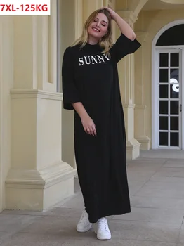 

2020 summer women letter dress half sleeve large size 5XL 6XL 7XL Simple dress oversize loose black long dress 50 52 54 100KG 48