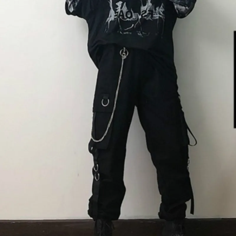 black with chain Neploe Harajuku BF женские брюки корейские карманы цепь эластичный пояс брюки свободные с высокой талией женские брюки длиной до щиколотки 80452 - Цвет: black with chain