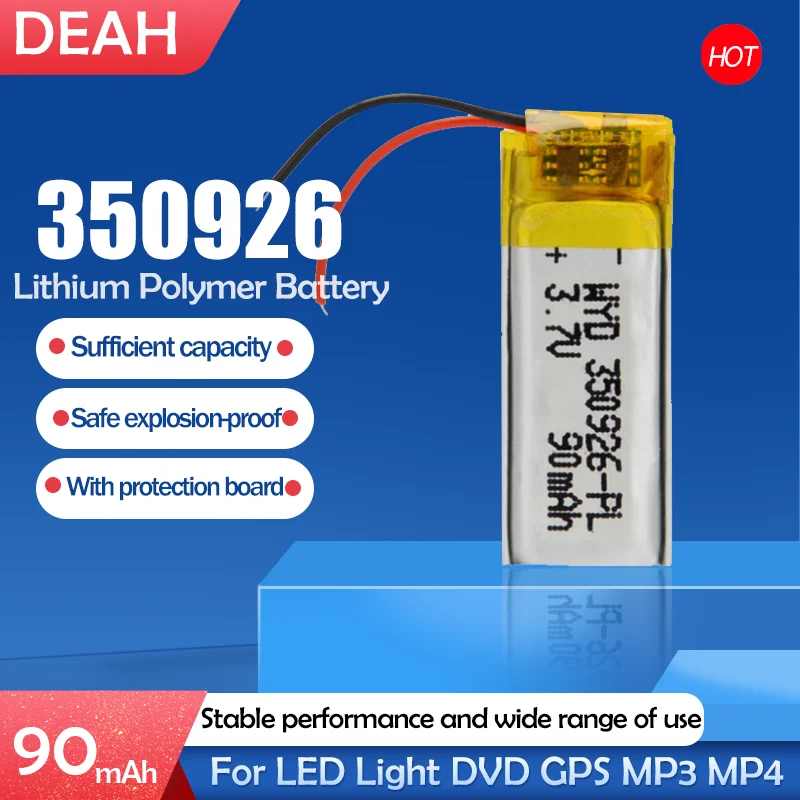 Batterie Lithium-polymère Rechargeable, 90mAh, 3.7V, 350926, li-ion, pour MP3, MP4, MP5, GPS, DVD, tablette, appareil photo Bluetooth