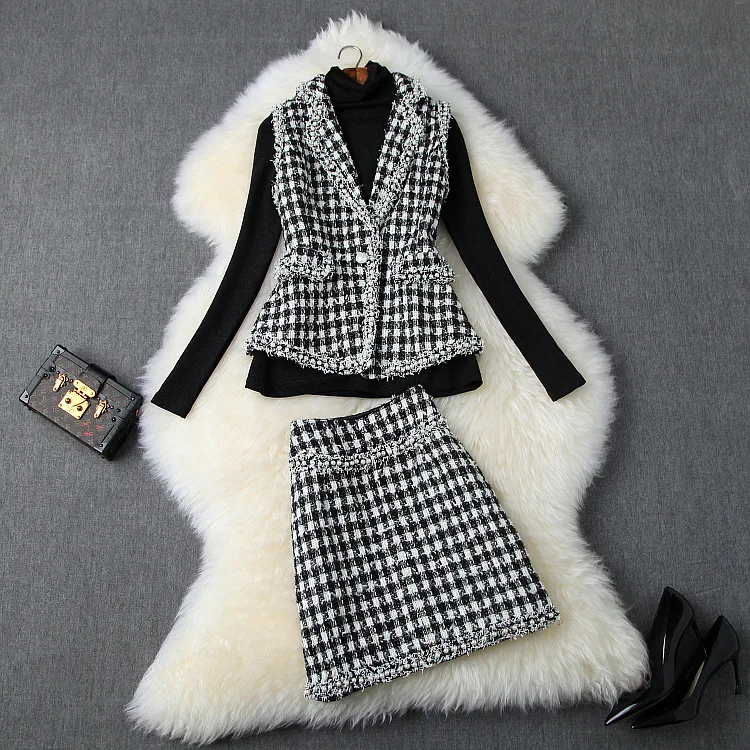 

Autumn 2019 new European and American women's wear Long-sleeved sweater Nail bead ma3 jia3 skirts Fashionable tweed suit