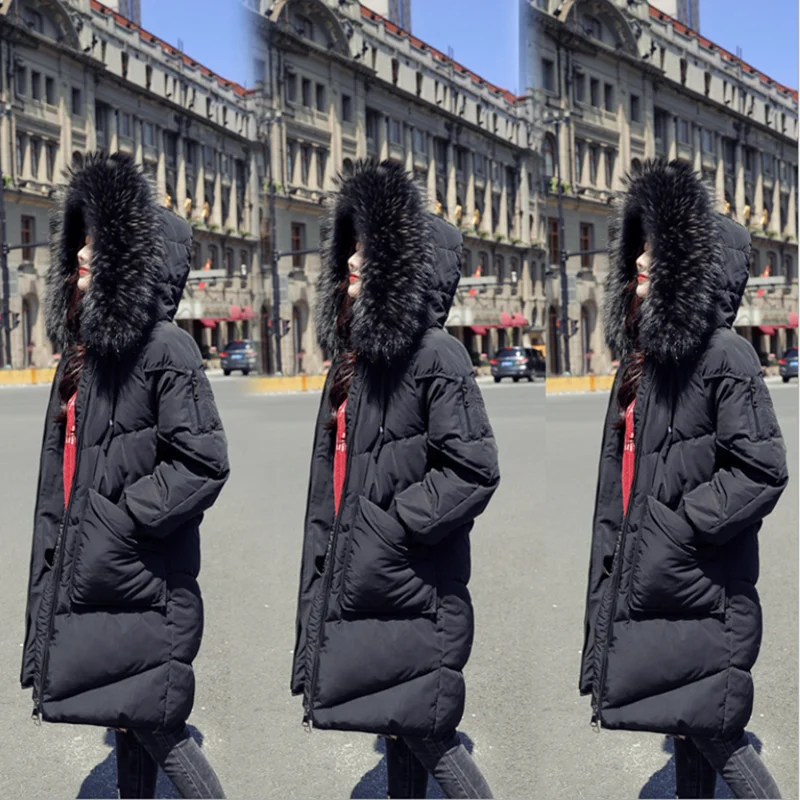Зимняя новинка, Черный пуховик с капюшоном, зимнее утолщенное теплое пальто, модное корейское Свободное пальто средней длины, женский пуховик