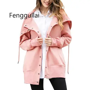 

FENGGUILAI Autumn Winter Coat Women Fashion Casual Long Button Hooded Jacket Hoodie Sweatshirt Vintage Outwear Coat Plus Size