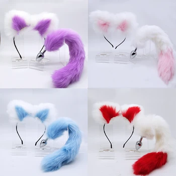 

Sexy Cute Soft Cat Ears Headbands 40cm Fox Tail Bow Metal Butt Anal Plug Erotic Cosplay Accessories Adult Sex Toys for Couples