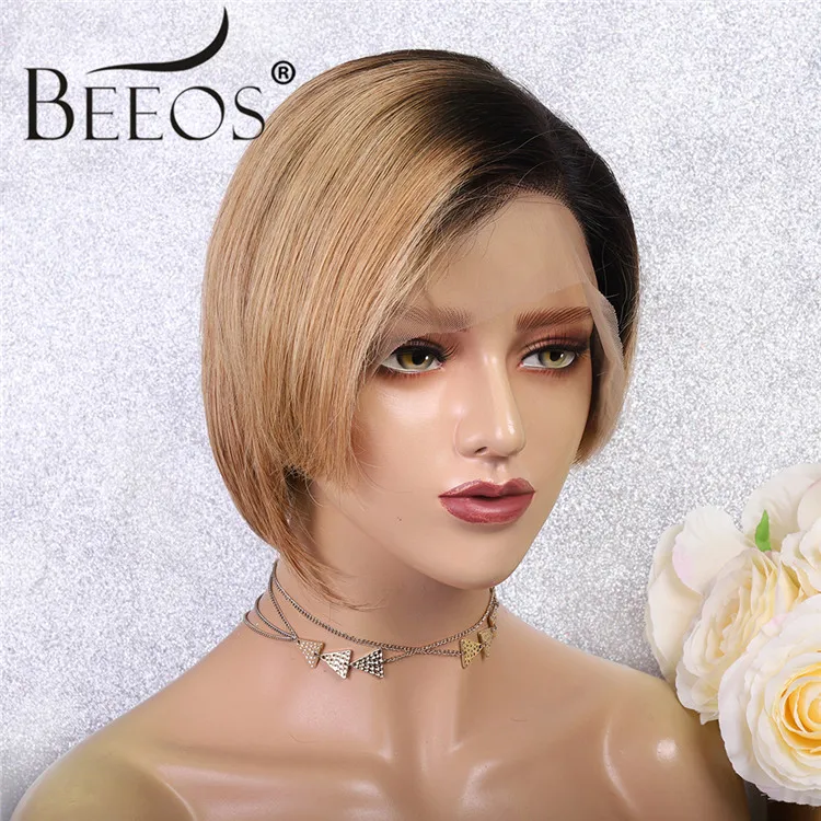 Короткий прямой Pixie Cut 13*6 глубокая часть человеческих волос парик 1b/27 медовый блонд цвет бразильский remy волосы отбеливатель узлы