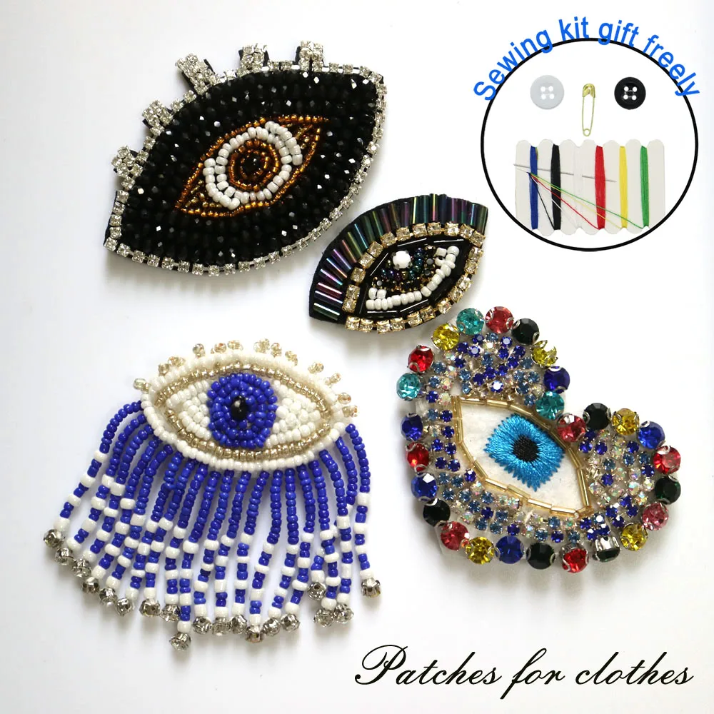 1pc beaded embroidered eye Patches for Clothing sew on rhinestonen eyes parches Appliques Decoration Badge parche