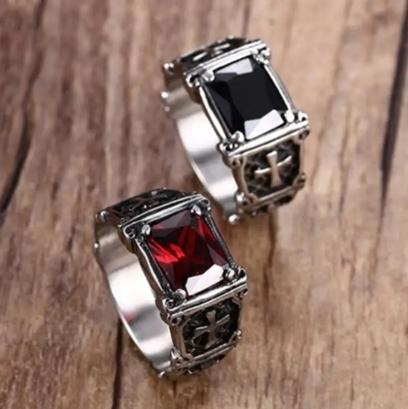 Templar Red Shield Cross Ring Retro Personality Men's High Quality Metal Ring Casual Cocktail Party Jewelry Ring