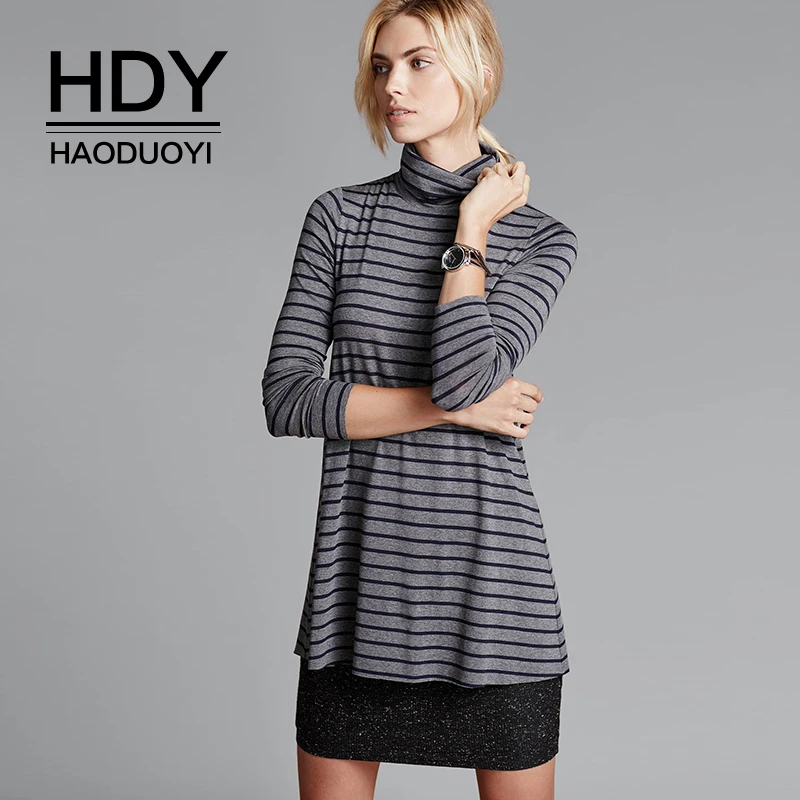 

HDY Haoduoyi Summer New Fashion Stripe High Collar Printing Slim Long Sleeves Single Piece Straight Soft Knit Dress