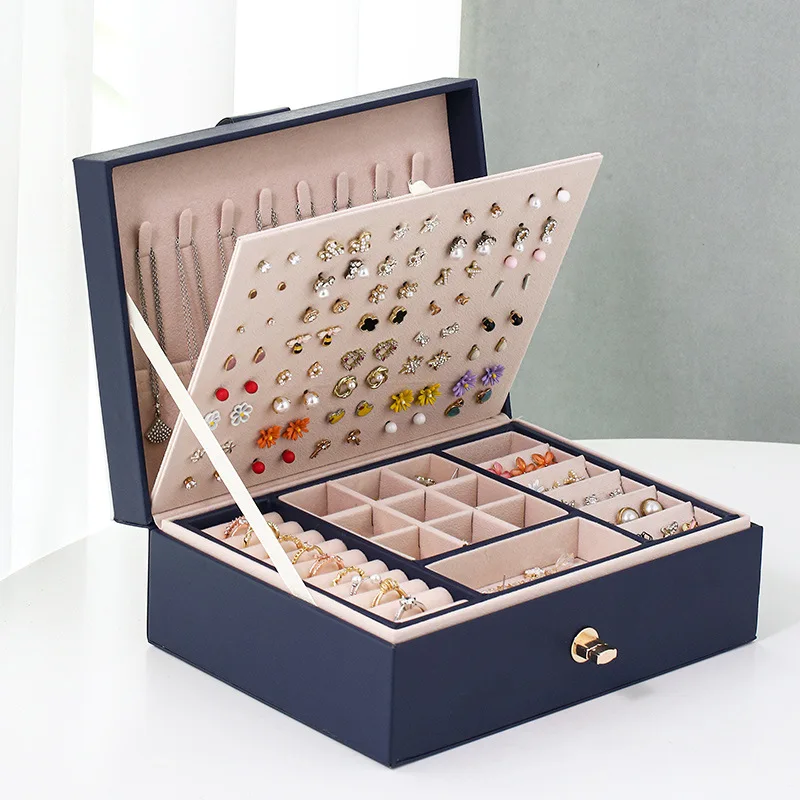 3 Layer Large Jewelry Storage Case, PU Leather Jewellery Organizer Holder  with Lock Removable Ring and Earring Organizer for Necklace freeshipping 