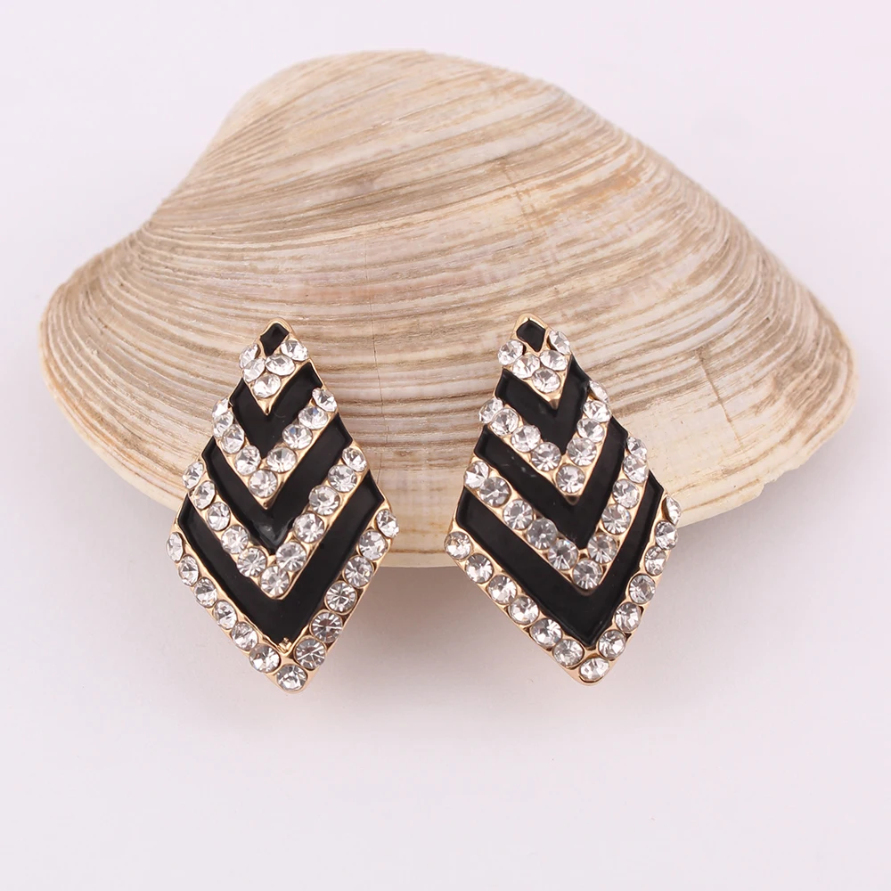GRACE JUN Gold Black Shape Clip on Earrings for Women Elegant Rhinestone Clip Earrings No Ear Hole