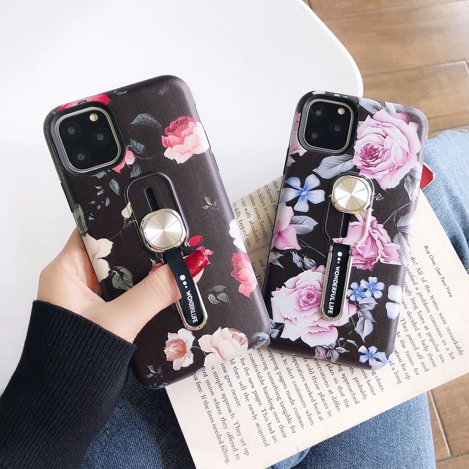 Axbety для iPhone 11 XR 8 X XS MAX 7 Plus 6 6s чехол Ins Flower Leaves гибкая петля подставка 2 в 1 Адсорбция