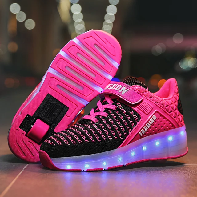 US $13.11 Red Pink Blue USB Charging Fashion Girls Boys LED Light Roller Skate Shoes For Children Kids Sneake