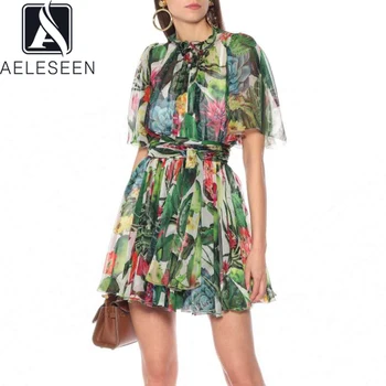 

AELESEEN High Quality 100% Silk Dress Runway Fashion Women Summer Dress Flare Sleeve Cactus Flower Print Sashes Mini Party Dress