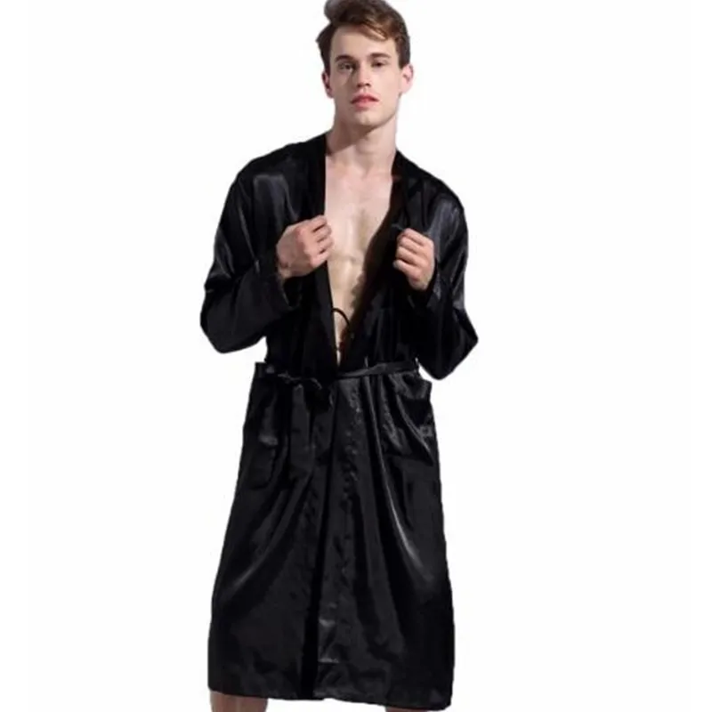 Черный Новый Свободный Повседневный Мужской Атласный халат из искусственного шелка, однотонное кимоно, юката, банный халат, ночное белье