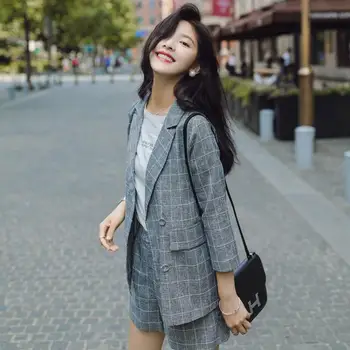 

Women's Pant Suit 2020 Spring And Summer New Retro Plaid Shorts Suit Two-Piece Female Temperament Fashion Loose Casual Clothes