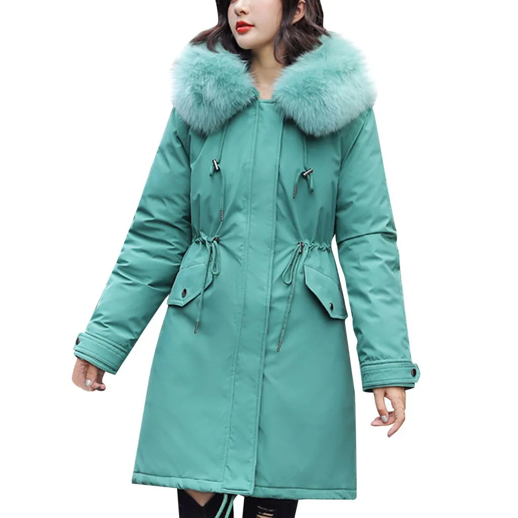 Зеленый SAGACE Winter Jacket Women's Long Cotton clothing Fashion Zipper female Hooded plus fur collar Thick loose large size - Цвет: Зеленый