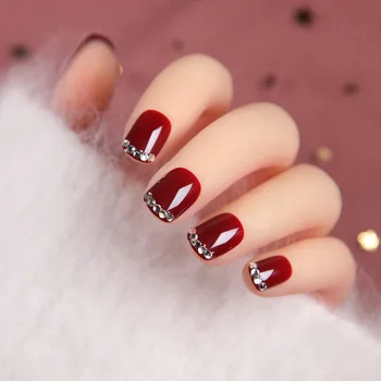 

24pcs Detachable Wearable Fake Nails press on autumn winter wine red color with diamond factory wholesale tips acrylic nails