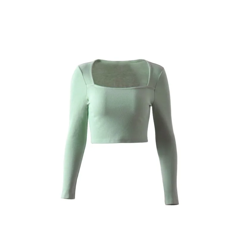 mint green crop top FORERUN/ребристая горловина, топ с длинными рукавами, мятно-зеленая женская рубашка, модные уличные топы, Poleras Mujer De Moda - Цвет: mint green crop top
