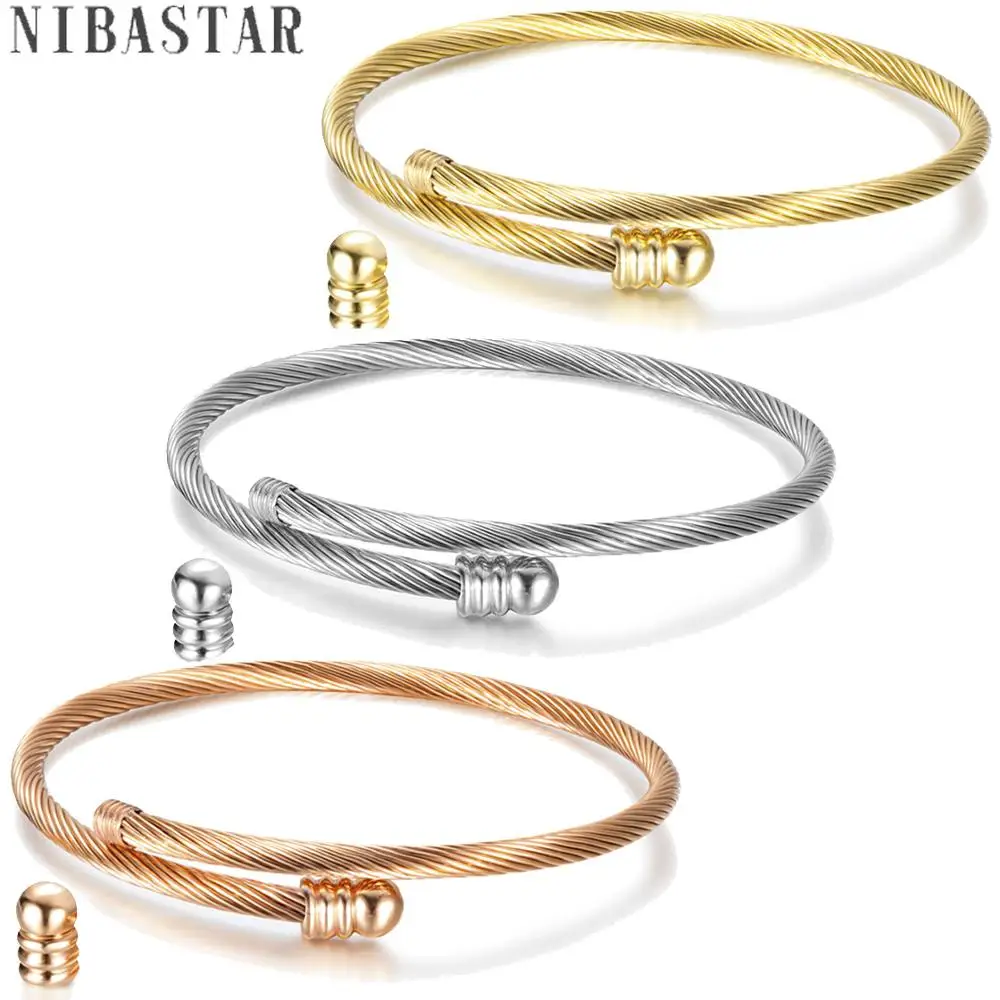 

DIY Bead Twisted Cable Elastic Wire Charm Bracelets Bangle Stainless Steel Three Color Bracelet Screw with Removable End Unisex