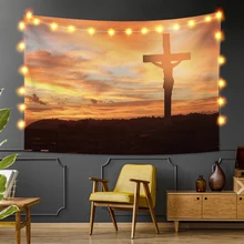 

Laeacco Classic Jesus Christian Wooden Cross Easter Tapestry Sunset Printing Wall Hanging Carpet Living Room Bedroom Home Decor