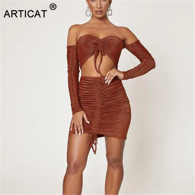 Articat, блестящие, сексуальные, облегающие, вечерние, женские, два предмета, укороченные платья, набор, осенние, на шнуровке, плиссированные, короткие платья, Vestidos