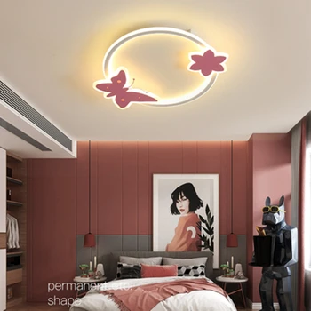 

Children ceiling light for bedroom white and pink color Butterfly and flower ceiling luminaire lighting fixtures with remote