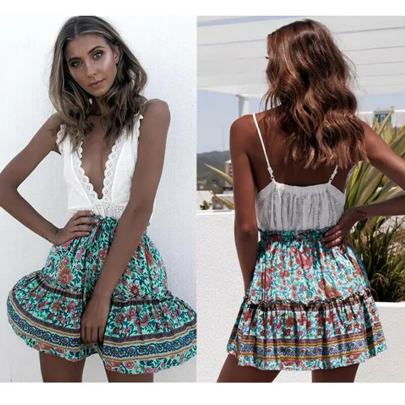 Women Skirt Summer Bohemia Style Vintage Mini Skirts For Women Blue Red Floral Print High Waist Pleated Beach Skirt Lady Bottoms
