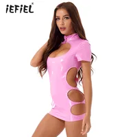 Womens Hollow Out Dresses Short Sleeve Stand Collar Zipper Back Dress Wetlook Patent Leather Mini Dress For Nightclub Stage Show 1