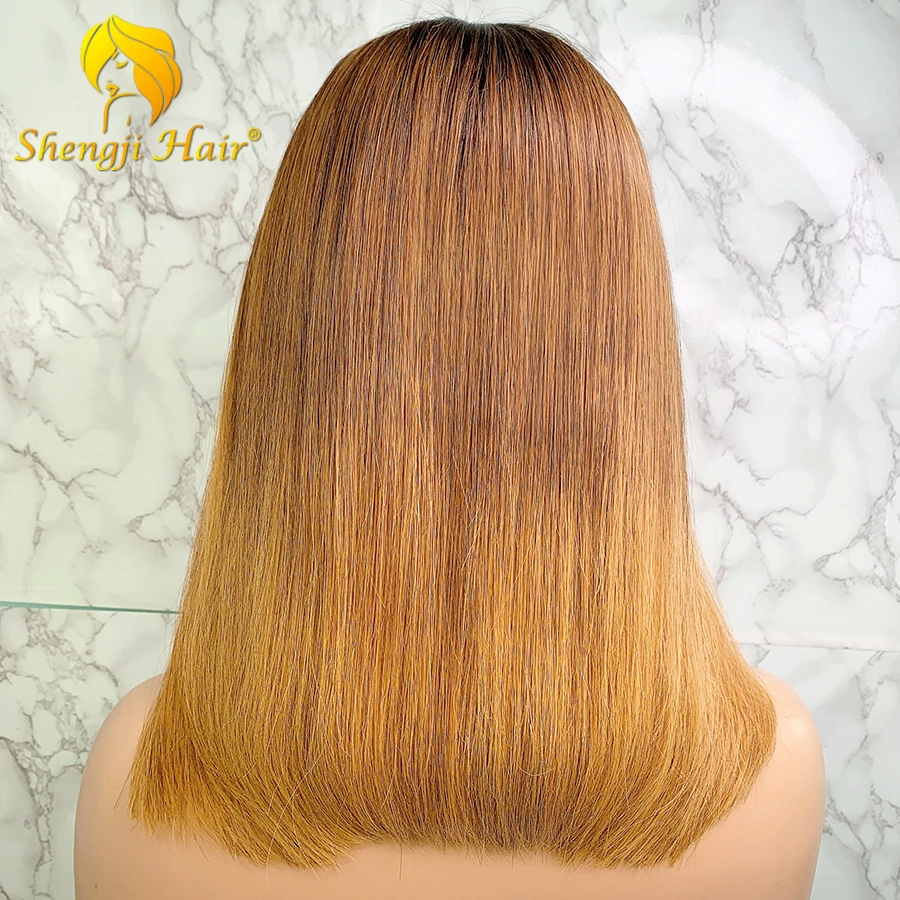 Shengji 13x6 Синтетические волосы на кружеве парики из натуральных волос прямые волосы 3T блондинка с эффектом деграде(переход от темного к Синтетические волосы на кружеве парик Pro. Коэффициент Реми волос короткий боб парик