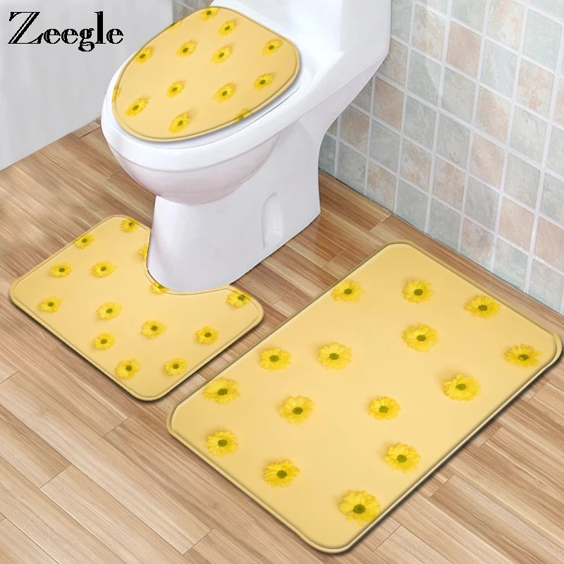 Zeegle Modern Bath Mat Set Non-slip Bathroom Shower Carpet WC Rug Flannel soft Toilet Cover Seat Mat Absorbent 3pcs Bath Mat Set