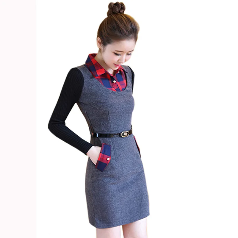 

new spring women long sleeves dress Houndstooth fake double dress Slim basic paragraph mini dress size S -XXL Vestidos