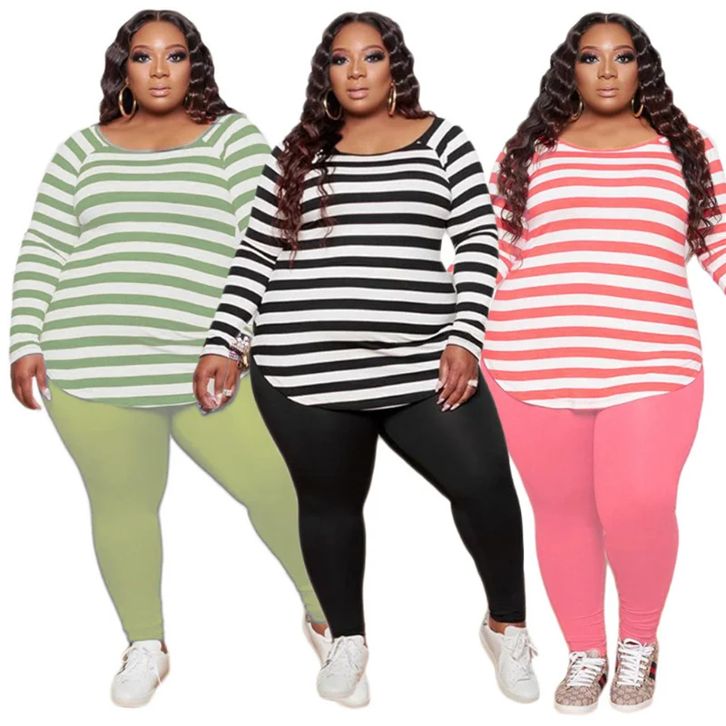Conjunto de Duas Conjuntos de Correspondência Peças Feminino Tamanho Grande Agasalho Outono Lazer Roupas Manga Completa Listrado Pulôver Topo Sólida Calças Compridas 9 Cheap Plus size Conjuntos