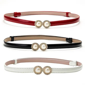 

Female Double Pearl Belt Pu Leather Dress Waistband Adjustable Thin Belts Ladies Designer Waist Straps Red Black White Color