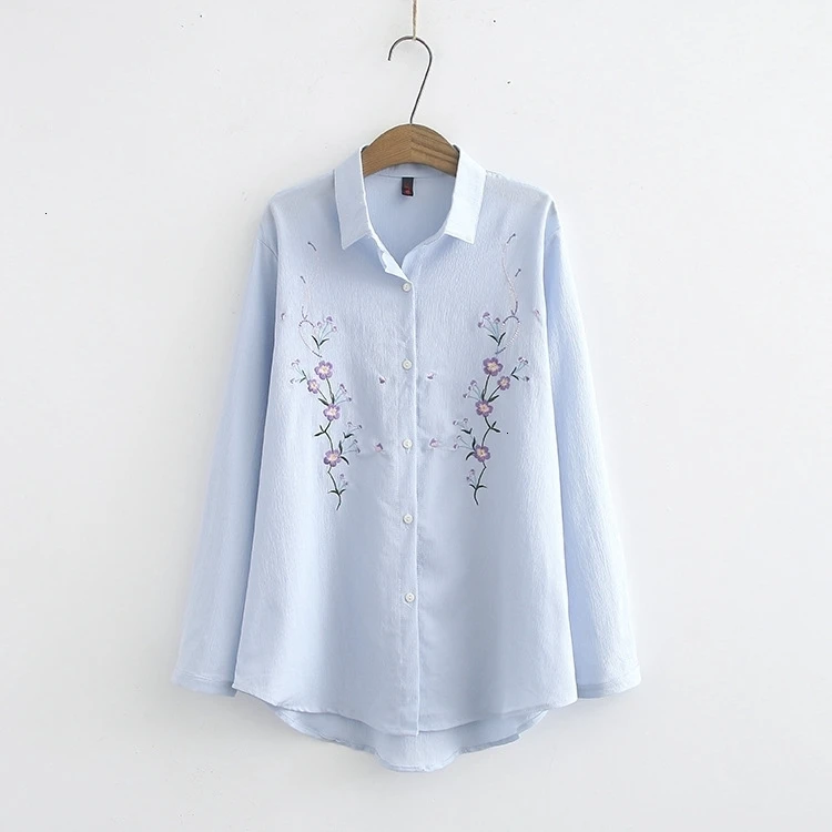 

Plus Size Vrouwen Witte Blouse Lange Mouwen Bloemen Borduren Shirts Kantoor Slijtage Lange Tops