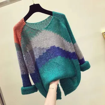 

Autumn Loose Casual Hollow Out Women's Sweater Novel Colorful Patchwork Knit Pullover Fashion Simple Long-Sleeved Sweater