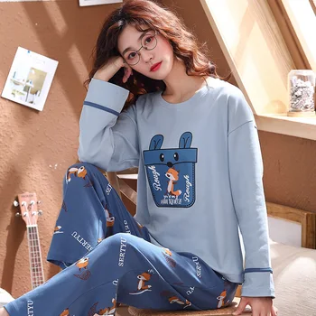 

Pajamas Women's Pure Cotton Spring And Autumn Long Sleeve Two-Piece Set Korean-style Large Size Winter Students Cute Outer Wear