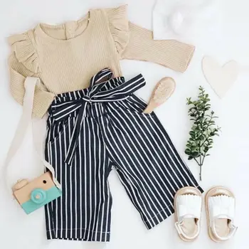 

Fahsion 2PCs Toddler Baby Girl Cloth Kid Knitted Sweater Ruffle Long SleeveTops + Striped Strap Pants Clothes Outfit Clothing