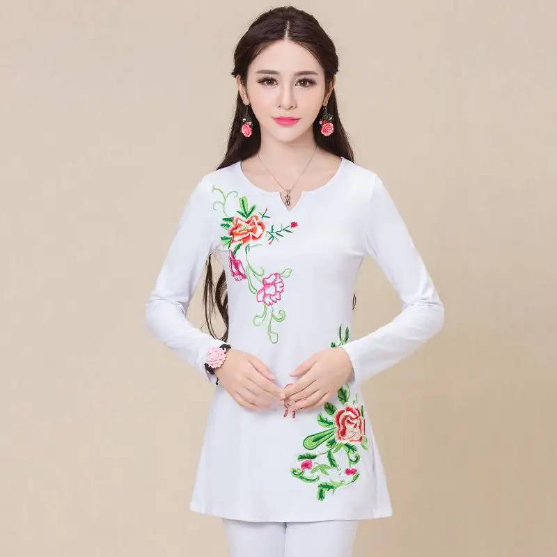 Camisas femininas, Женская Осенняя M-5XL, этнический v-образный вырез, длинный рукав, черный, зеленый, розовый, красный, белый, вышивка, футболка, топы - Цвет: Белый