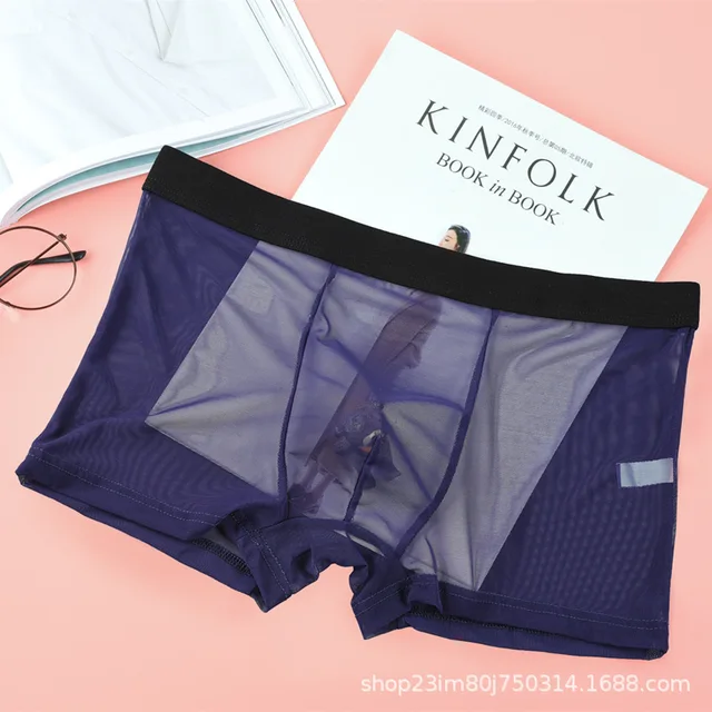 Men's Underwear Sexy Lace Ultra Thin Mesh Full Transparent Air Traceless Ice Comfortable Boxer Shorts blue