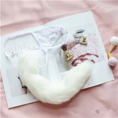 fox tail white Милые Лолиты для девочек мягкие розовые Kawaii Кролик хвост волосы мяч женское нижнее белье сексуальные брюки Эротическое белье стринги трусики Косплей - Цвет: fox tail white