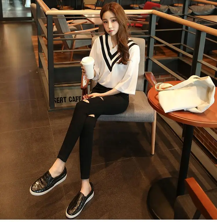 Summer Trending Cowboy Korean-style Black Ripped Jeans WOMEN'S Ninth Pants Elasticity Slim Fit Trend Skinny Pants