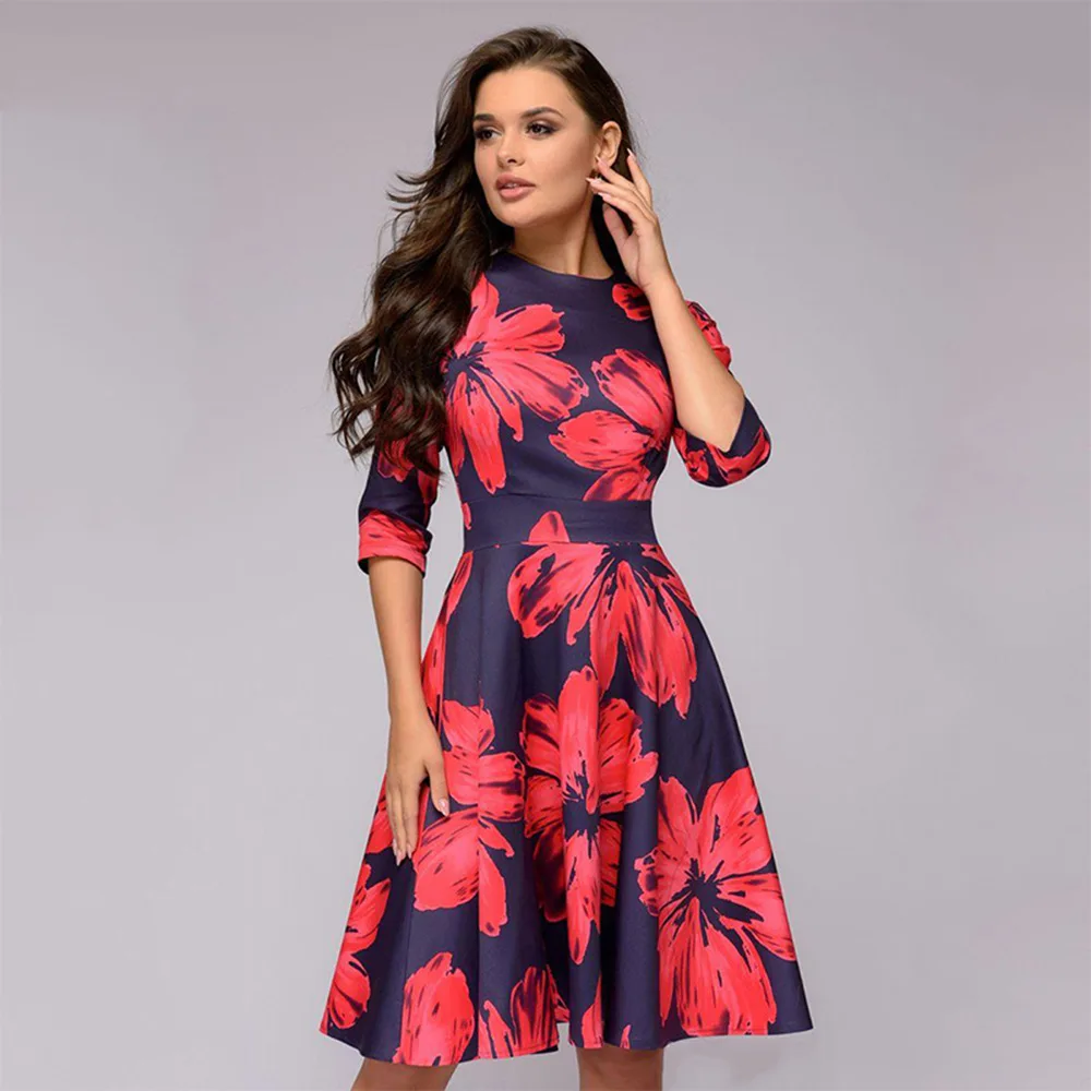 Женское элегантное платье в стиле ретро с принтом, вечерние платья с рукавом три сезона, весенние и летние модные повседневные платья B614