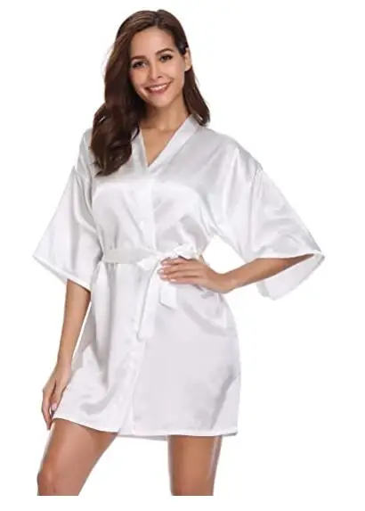 Women Silk Satin Short Night Robe Solid Kimono Robe Fashion Bath Sexy Bathrobe Peignoir Femme Wedding Bride Bridesmaid